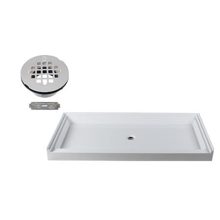 Westbrass Shower Pan 72 x 36 3-Wall W/ Center Plastic  Drain W/ Modern Cross Grid in Powder Coat White HPG7236WHP-50